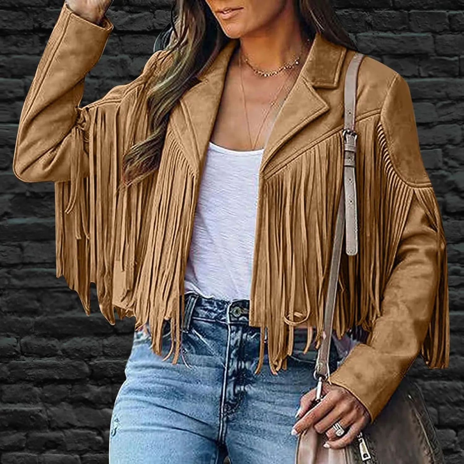 Women's Faux Suede Tassel Jacket Trendy Fringe Coats Long Sleeve Moto Biker Open Front Cardigan Coat Outwear