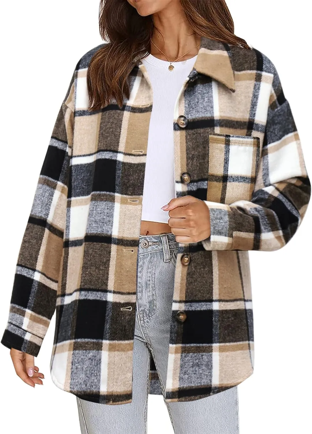 Women's Flannel Plaid Long Sleeve Button Down with pockets