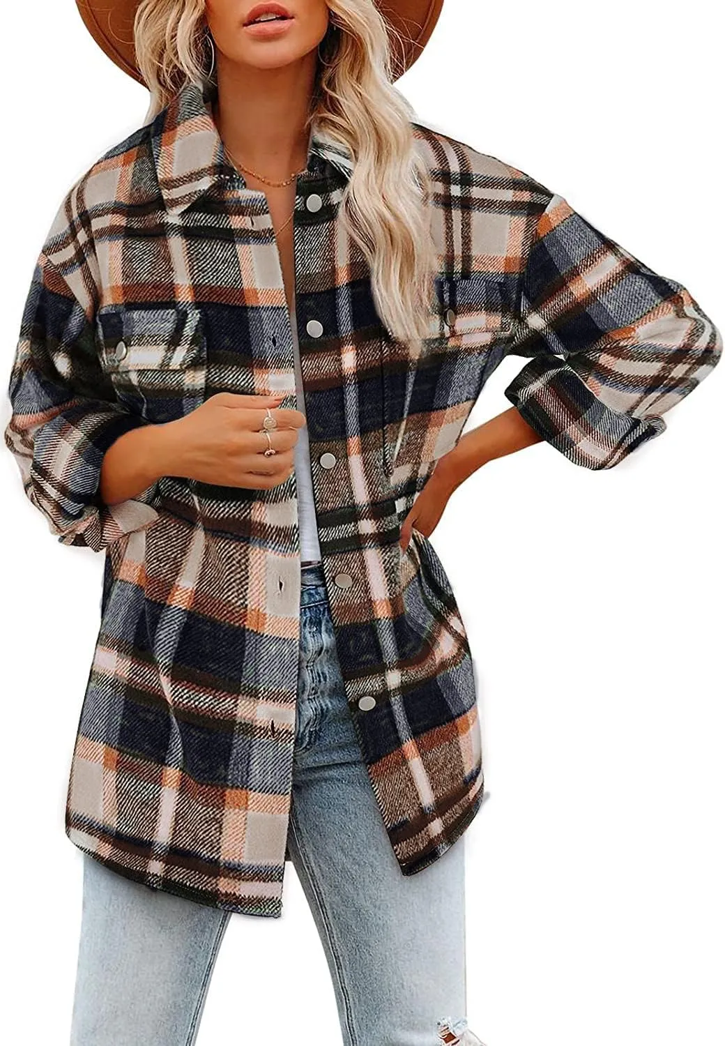 Women's Flannel Plaid Long Sleeve Button Down with pockets