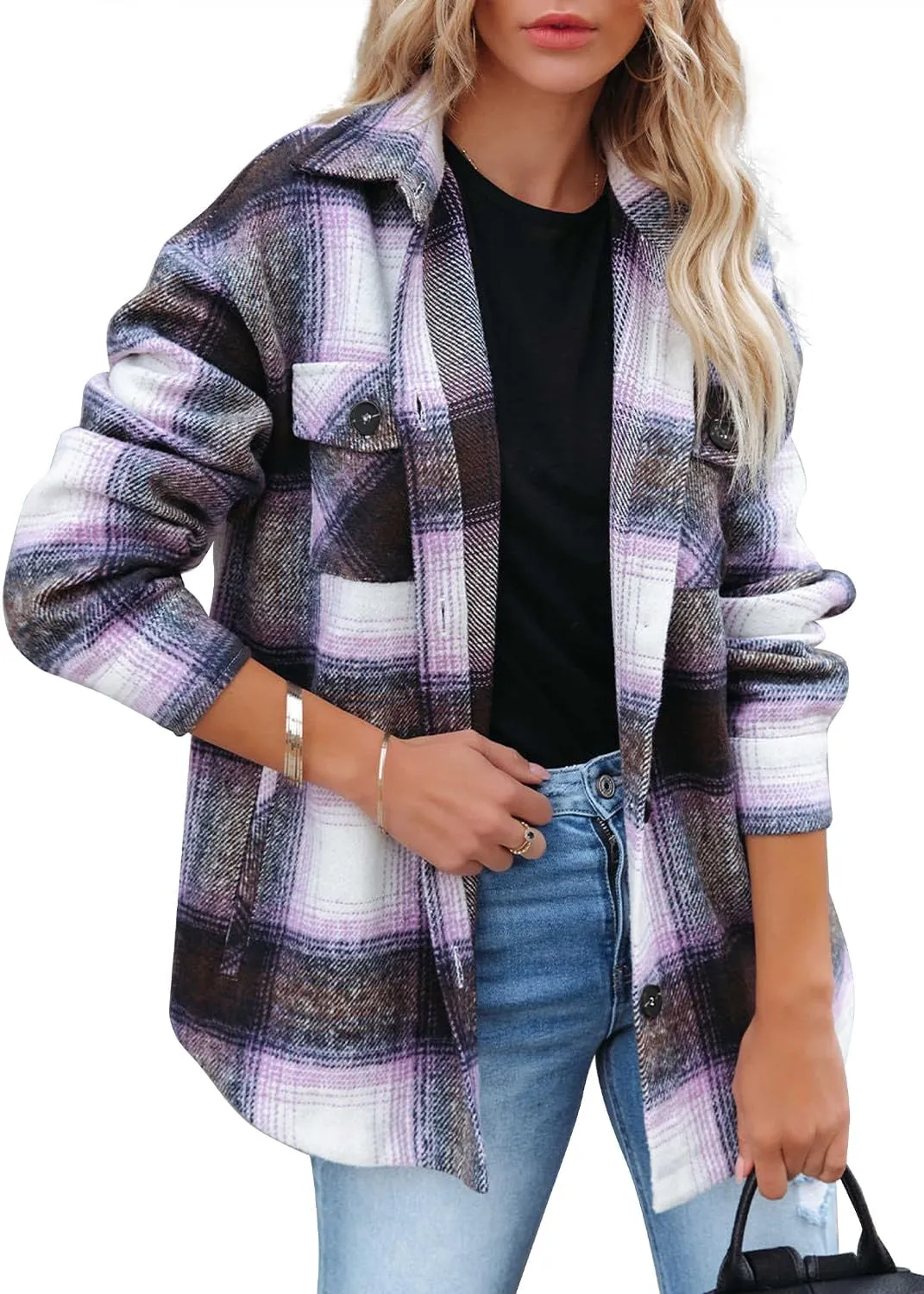 Women's Flannel Plaid Long Sleeve Button Down with pockets