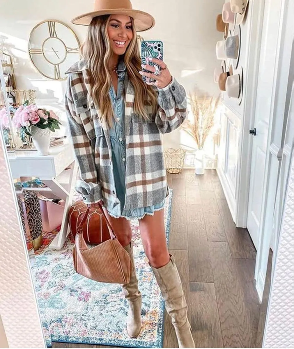 Women's Flannel Plaid Long Sleeve Button Down with pockets