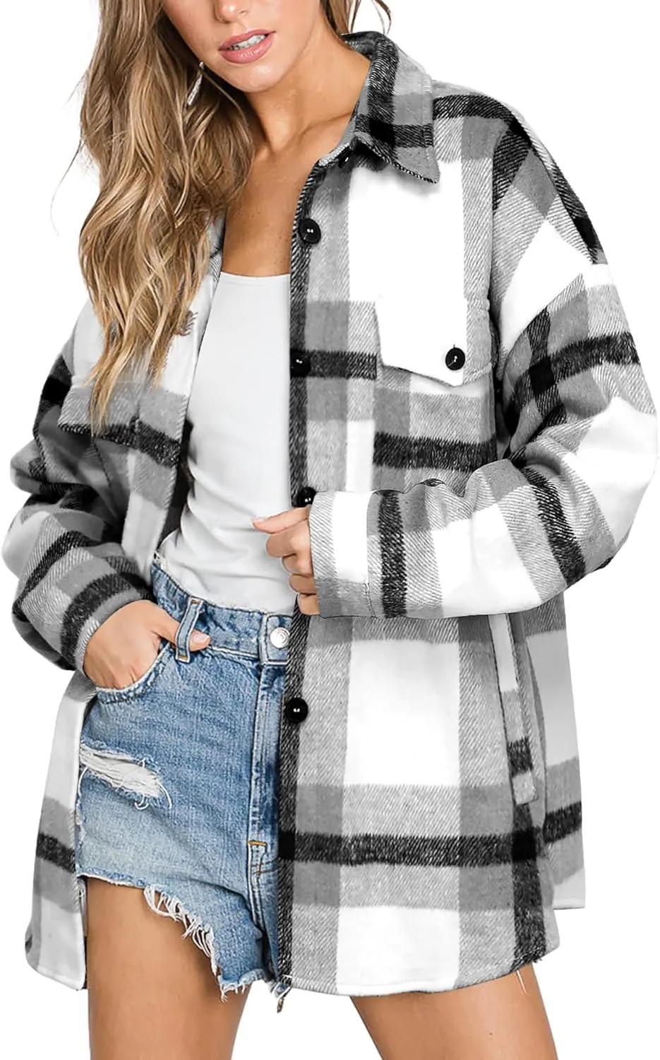 Women's Flannel Plaid Long Sleeve Button Down with pockets