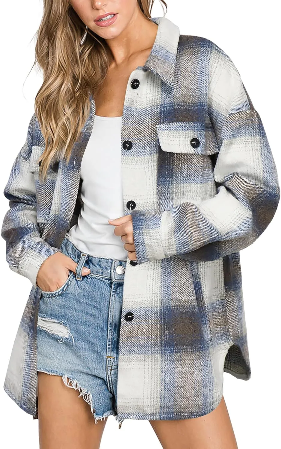 Women's Flannel Plaid Long Sleeve Button Down with pockets