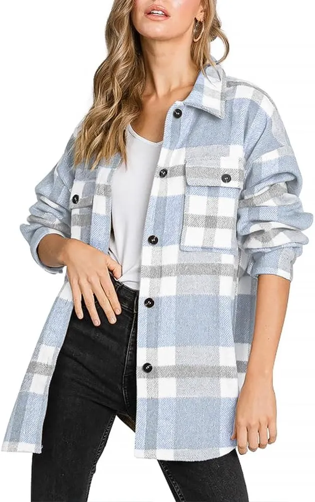 Women's Flannel Plaid Long Sleeve Button Down with pockets
