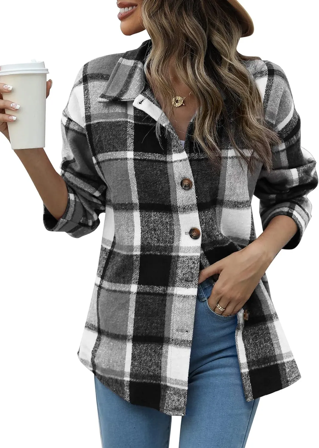Women's Flannel Plaid Long Sleeve Button Down with pockets