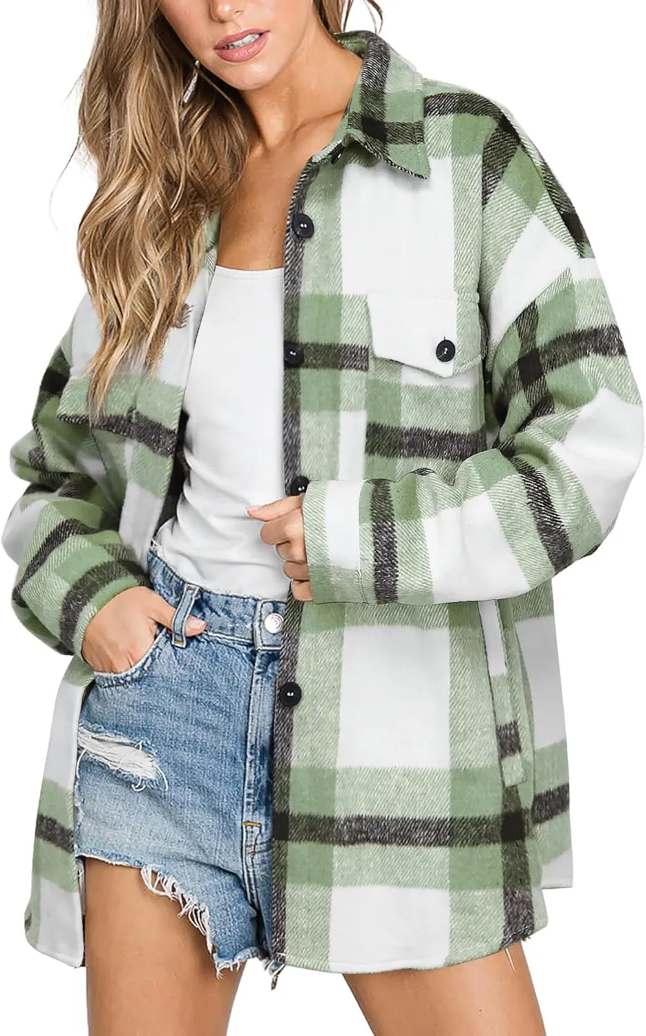 Women's Flannel Plaid Long Sleeve Button Down with pockets