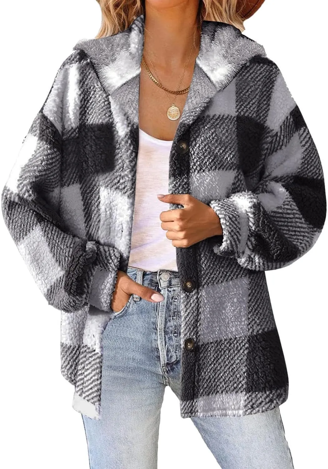 Womens Flannel Shacket Jacket Hooded Jackets Up Button Cardigan Trendy Plaid Fuzzy Outerwear Womens Long Flannel