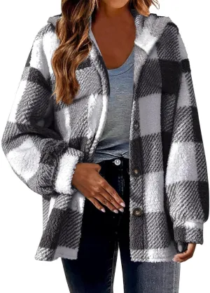 Womens Flannel Shacket Jacket Hooded Jackets Up Button Cardigan Trendy Plaid Fuzzy Outerwear Womens Long Flannel