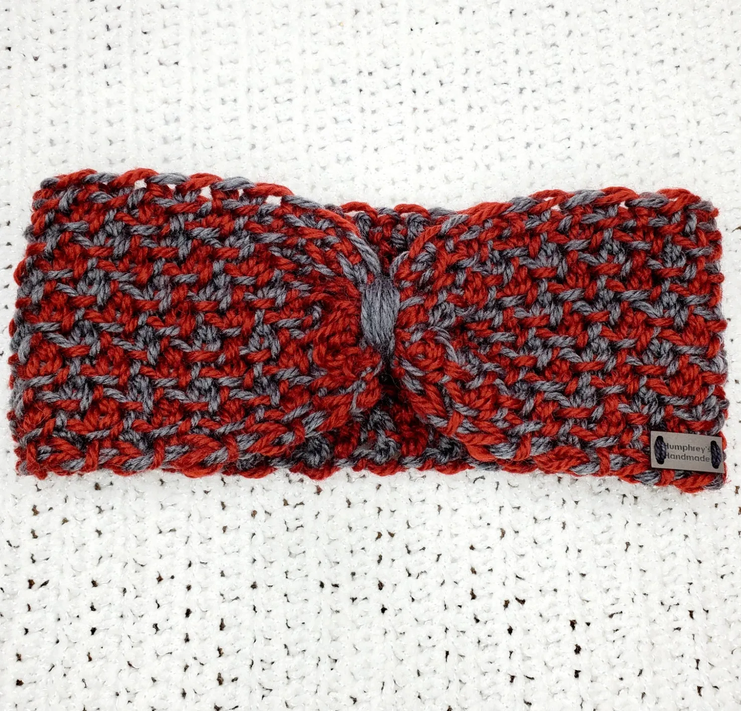 Women's Gray and Maroon Yak Wool Earwarmer | Tunisian Crochet Winter Headband | USA Made | Gray Dark Red