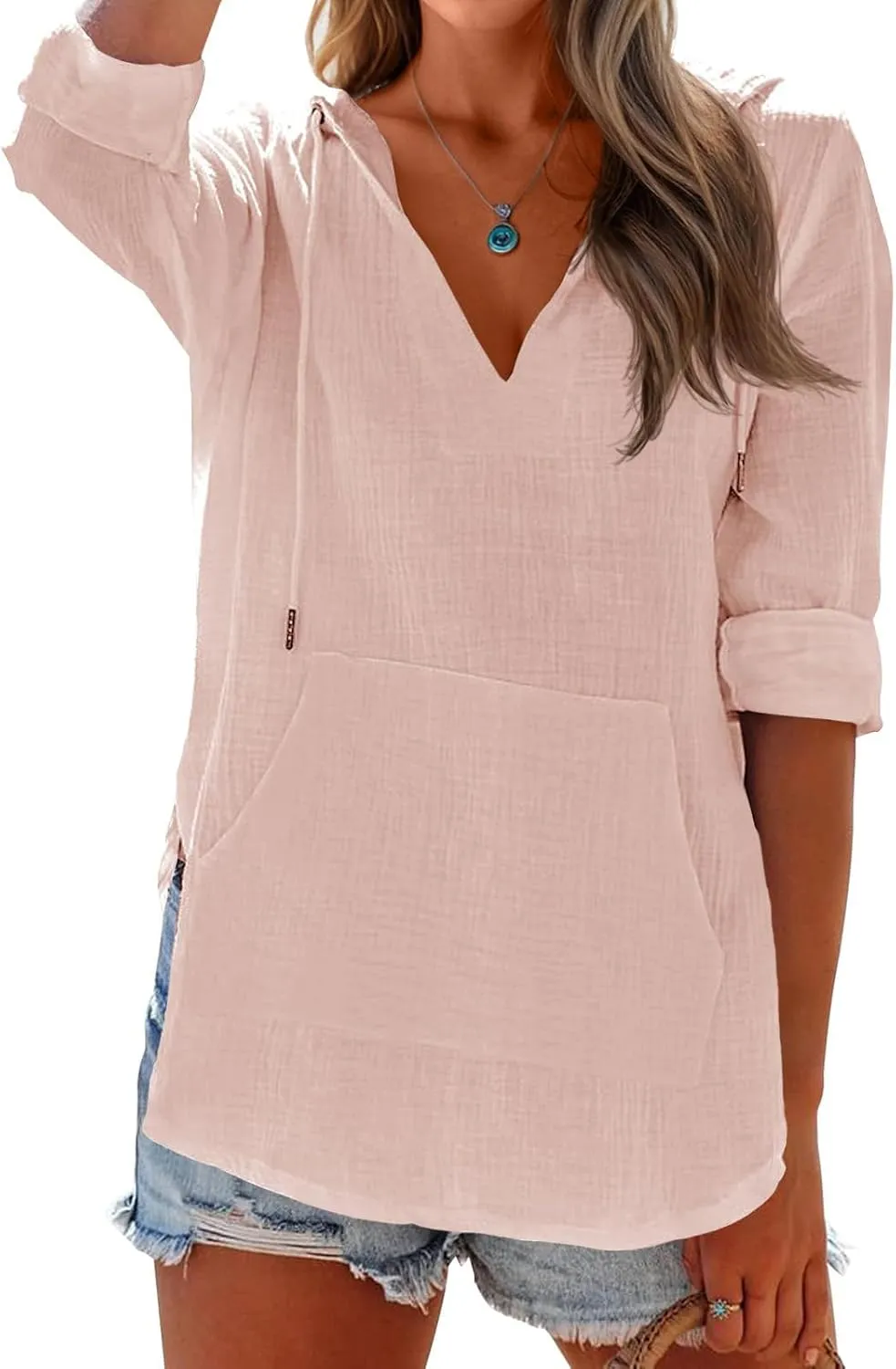Womens Hoodies Cotton Linen Summer Tops Long Sleeve V Neck Sweatshirts Casual Beach Swimsuit Coverup with Pockets
