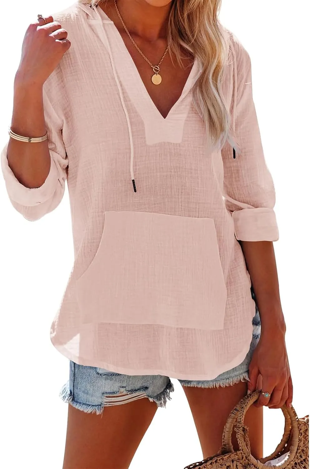 Womens Hoodies Cotton Linen Summer Tops Long Sleeve V Neck Sweatshirts Casual Beach Swimsuit Coverup with Pockets