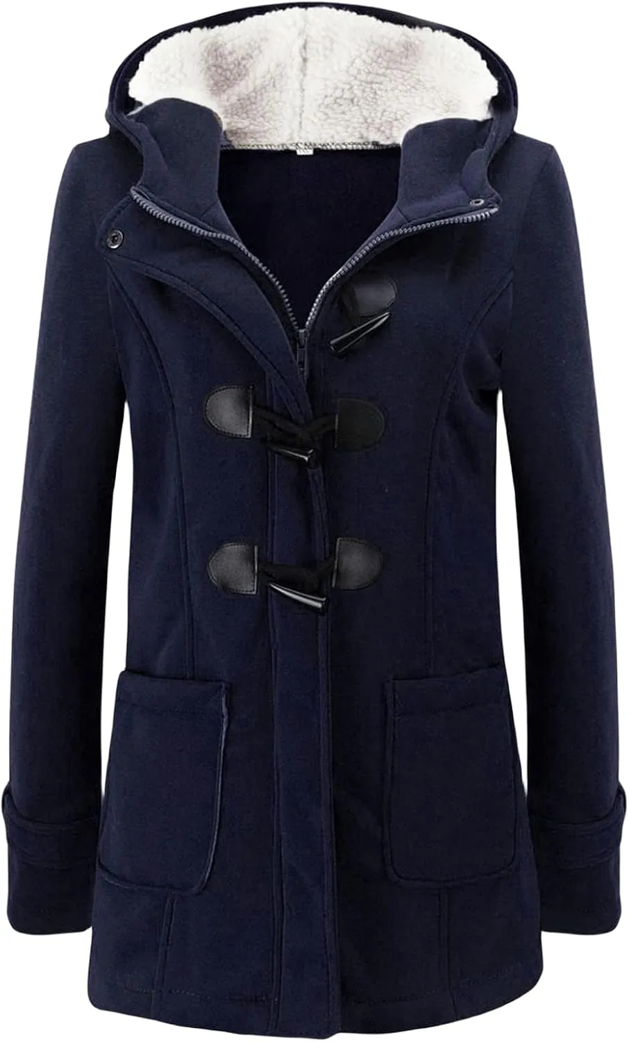 Womens Horn Button Hooded Coat Fleece Lined Thicken Jacket Outdoor Warm Wool Blended Classic Pea Coat with Pockets