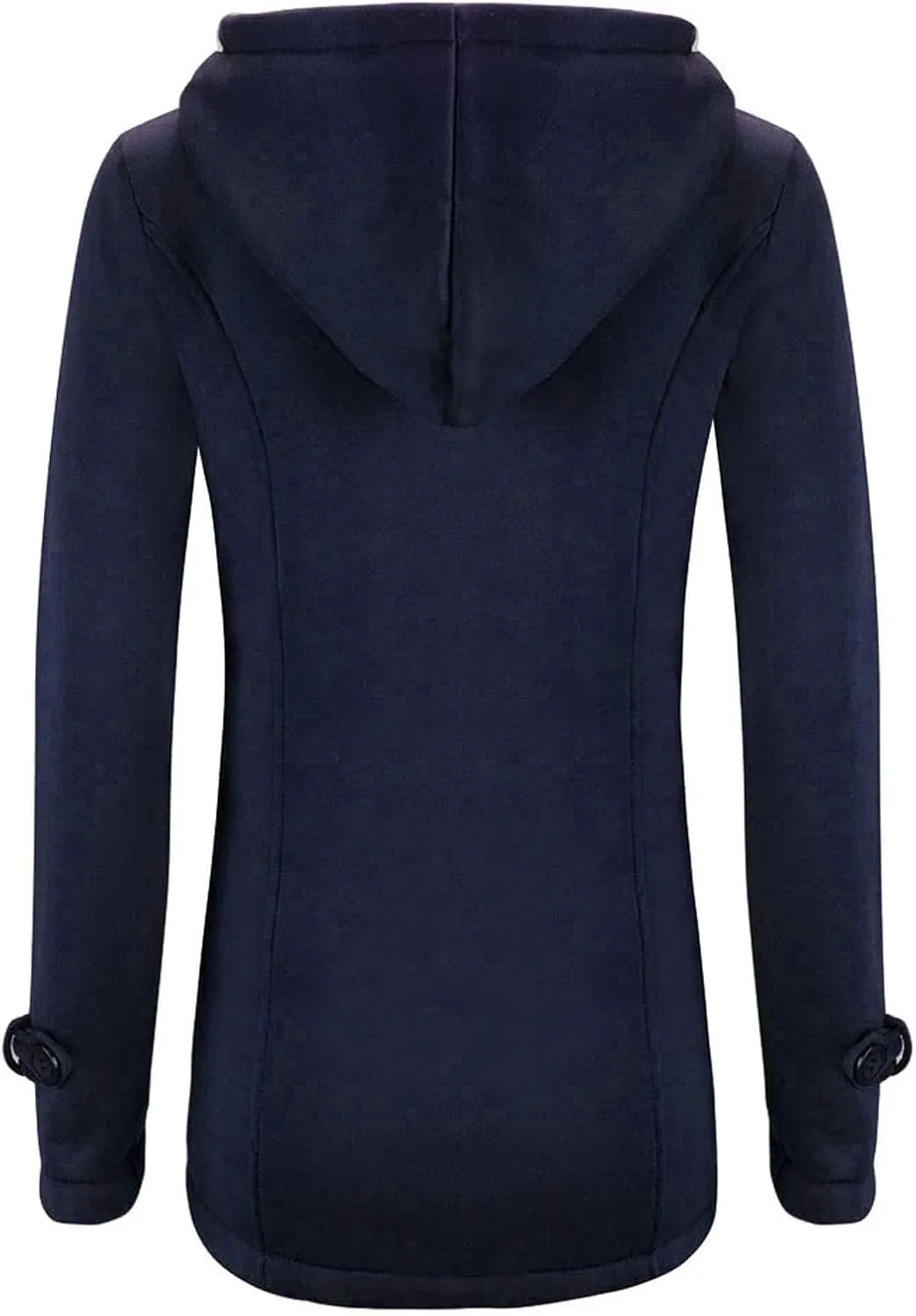 Womens Horn Button Hooded Coat Fleece Lined Thicken Jacket Outdoor Warm Wool Blended Classic Pea Coat with Pockets