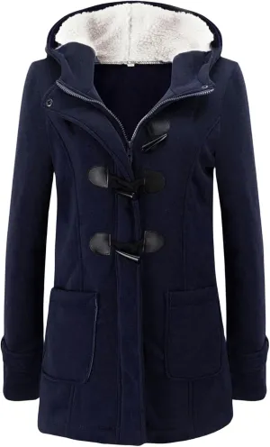 Womens Horn Button Hooded Coat Fleece Lined Thicken Jacket Outdoor Warm Wool Blended Classic Pea Coat with Pockets
