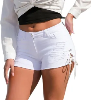 Womens Jean Shorts High Waisted Stretchy Denim Shorts Retro Ripped Solid Color Denim Shorts Drawstring Shorts