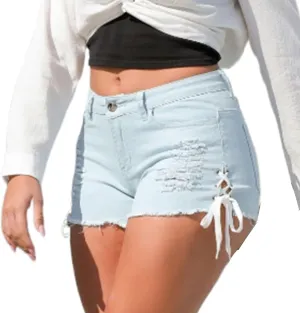 Womens Jean Shorts High Waisted Stretchy Denim Shorts Retro Ripped Solid Color Denim Shorts Drawstring Shorts