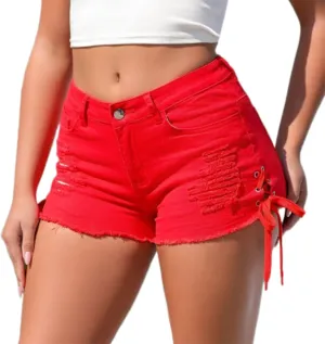 Womens Jean Shorts High Waisted Stretchy Denim Shorts Retro Ripped Solid Color Denim Shorts Drawstring Shorts