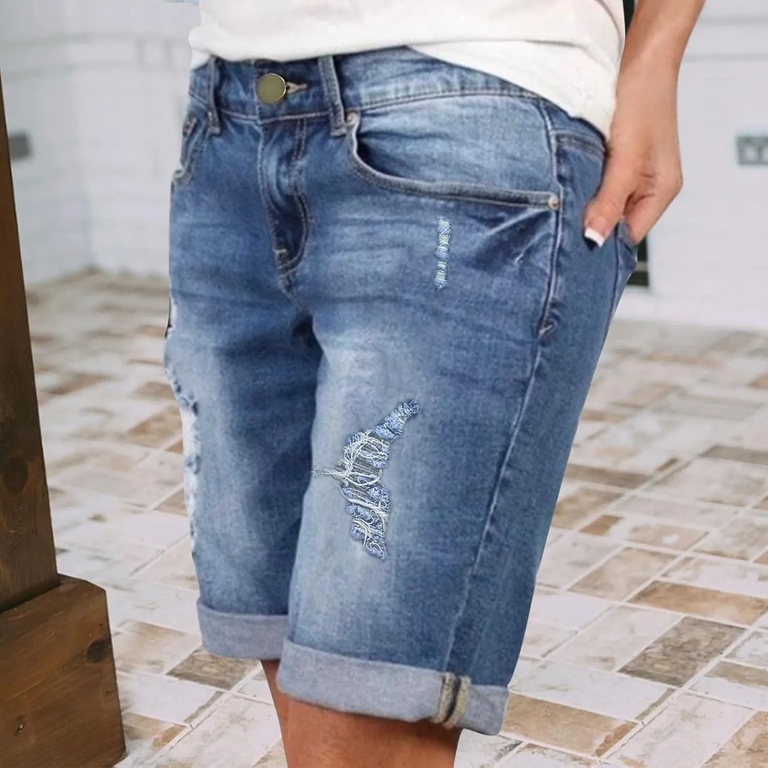 Women's Jean Shorts Ripped High Waisted Stretchy Denim Shorts Y2K Summer Casual Denim Shorts Bermuda Short Jean Biker Shorts