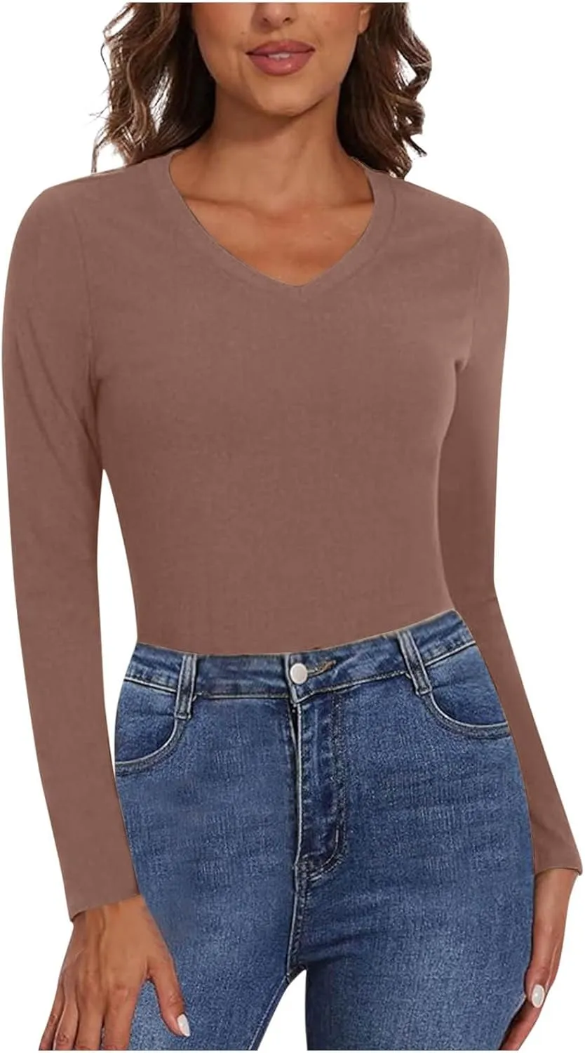 Womens Lightweight Shirts Solid Color Basic Shirts V Neck Long Sleeve Pullover Slim Fit Tunic Tops Casual Comfy Tops