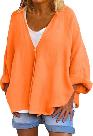 Womens Linen Cardigans Causal Long Sleeve V Neck Open Front Lightweight Spring Jacket Summer Solid Color Cover Ups