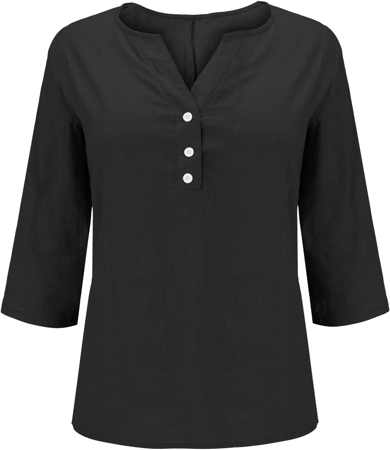 Womens Linen Shirts 3/4 Length Sleeve Linen Button Down V Neck Blouse Spring Summer Boho Shirts Travel Vacation Tops