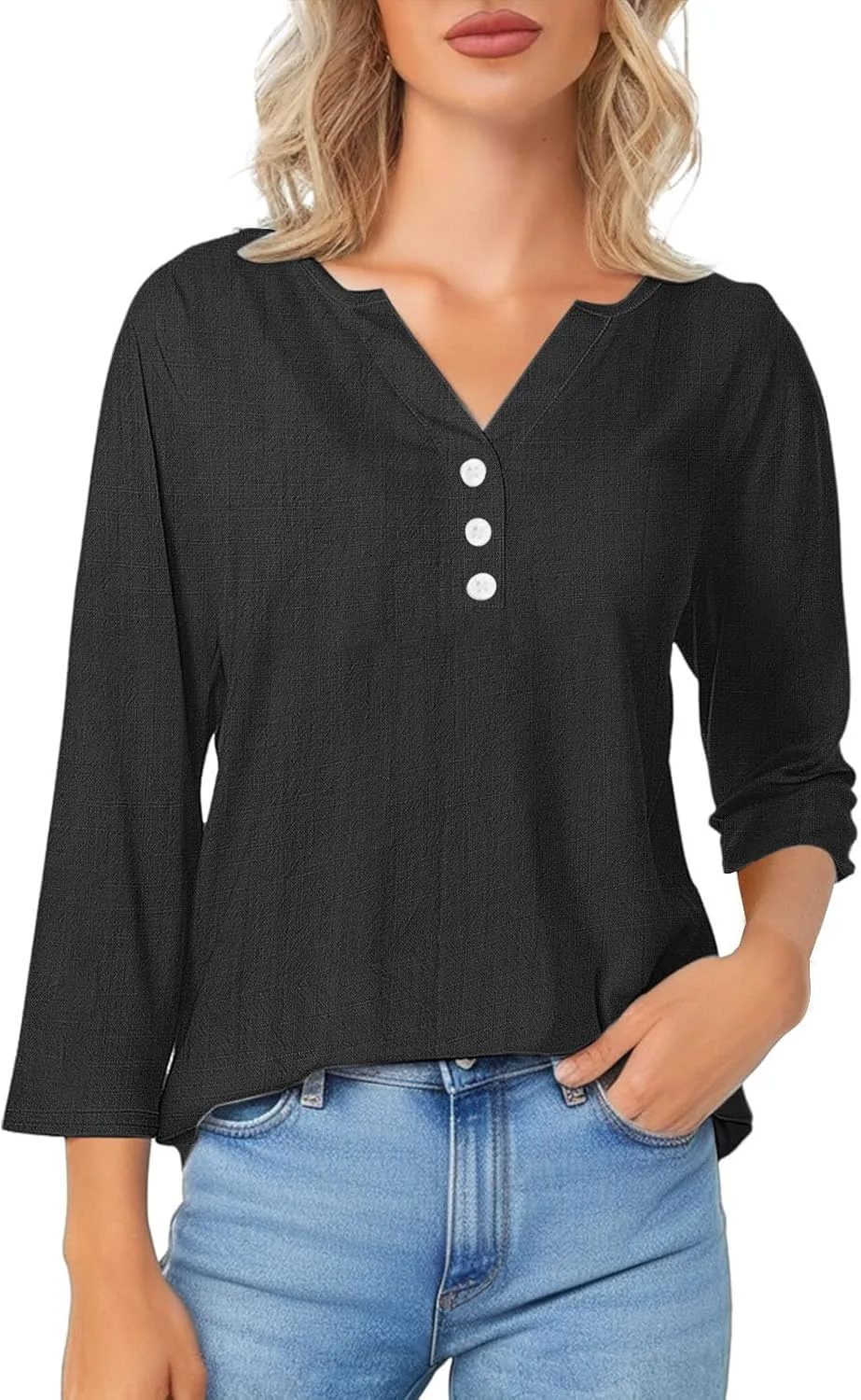 Womens Linen Shirts 3/4 Length Sleeve Linen Button Down V Neck Blouse Spring Summer Boho Shirts Travel Vacation Tops
