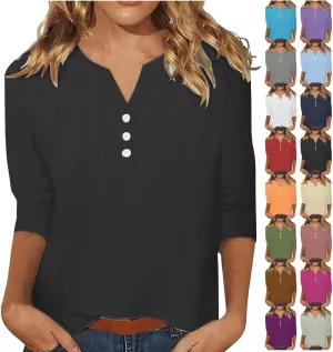 Womens Linen Shirts 3/4 Length Sleeve Linen Button Down V Neck Blouse Spring Summer Boho Shirts Travel Vacation Tops
