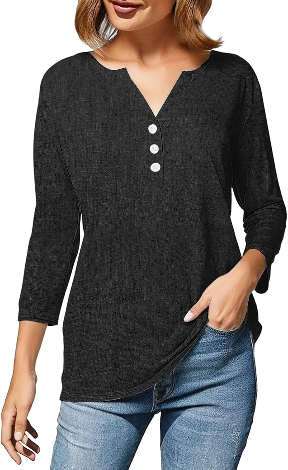 Womens Linen Shirts 3/4 Length Sleeve Linen Button Down V Neck Blouse Spring Summer Boho Shirts Travel Vacation Tops