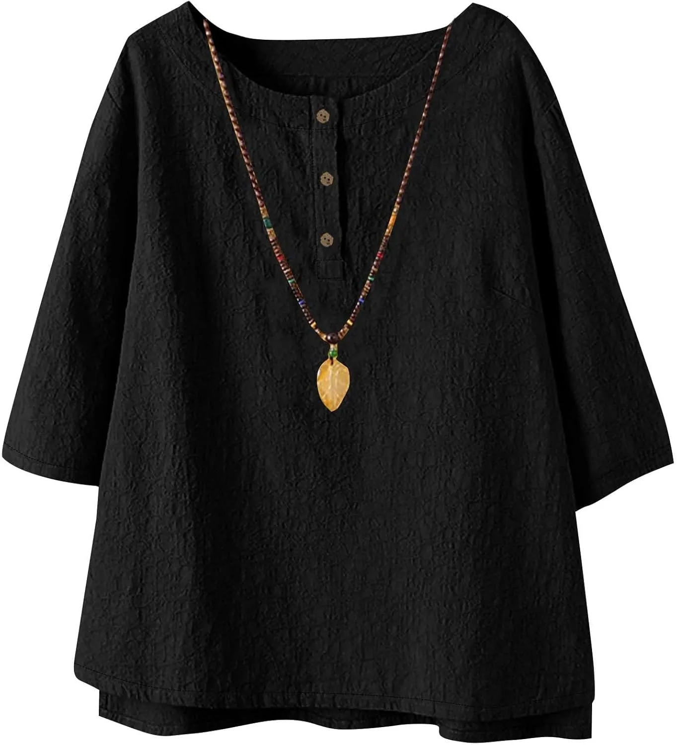 Women's Linen Shirts 3/4 Sleeve Crew Neck Cotton Tops Casual Jacquard Boho Blouses Summer Dressy Beach T-Shirts
