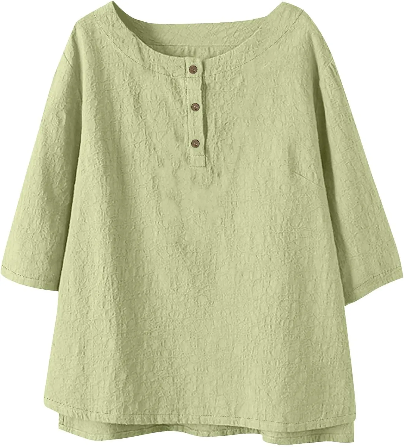 Women's Linen Shirts 3/4 Sleeve Crew Neck Cotton Tops Casual Jacquard Boho Blouses Summer Dressy Beach T-Shirts