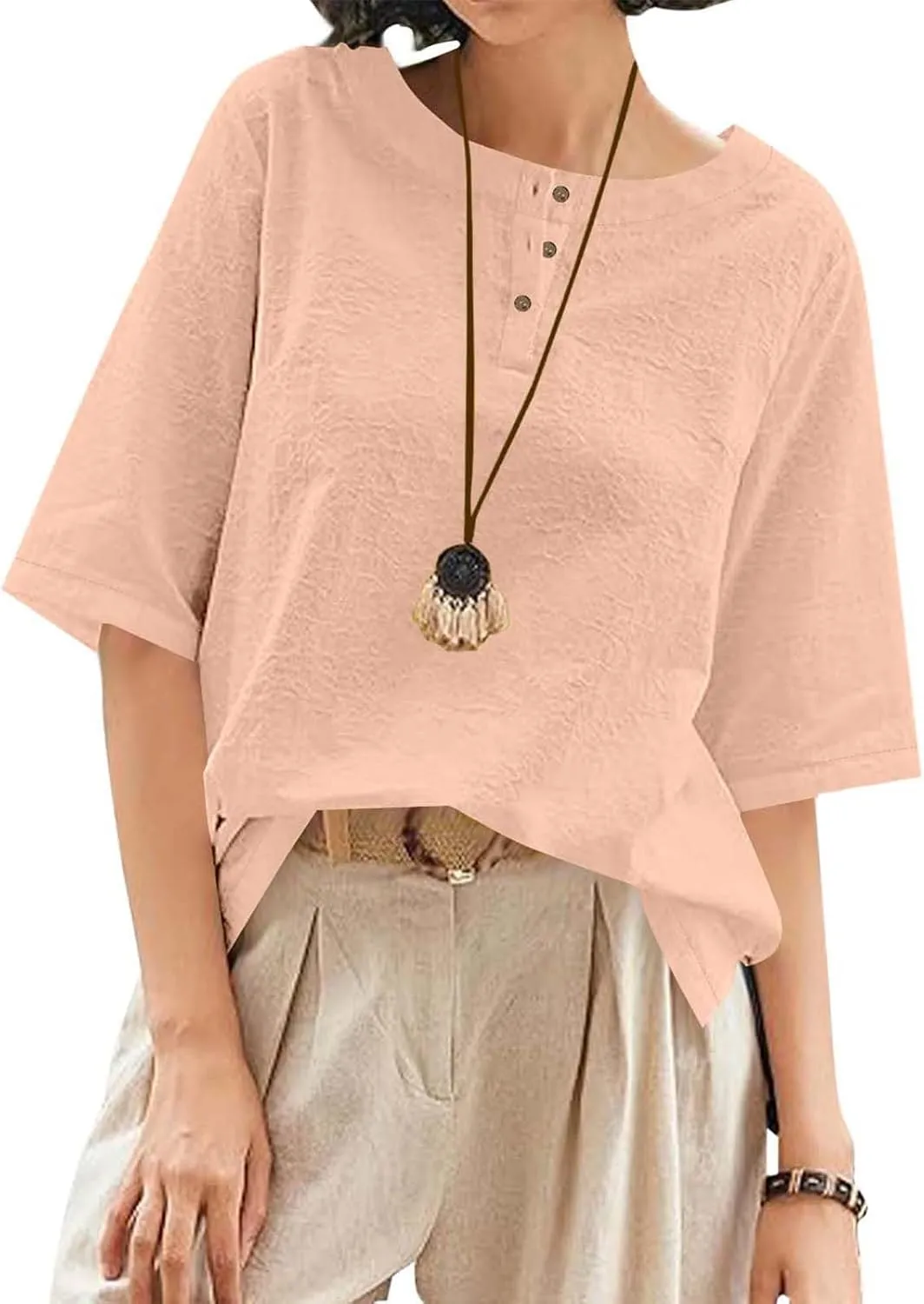 Women's Linen Shirts 3/4 Sleeve Crew Neck Cotton Tops Casual Jacquard Boho Blouses Summer Dressy Beach T-Shirts