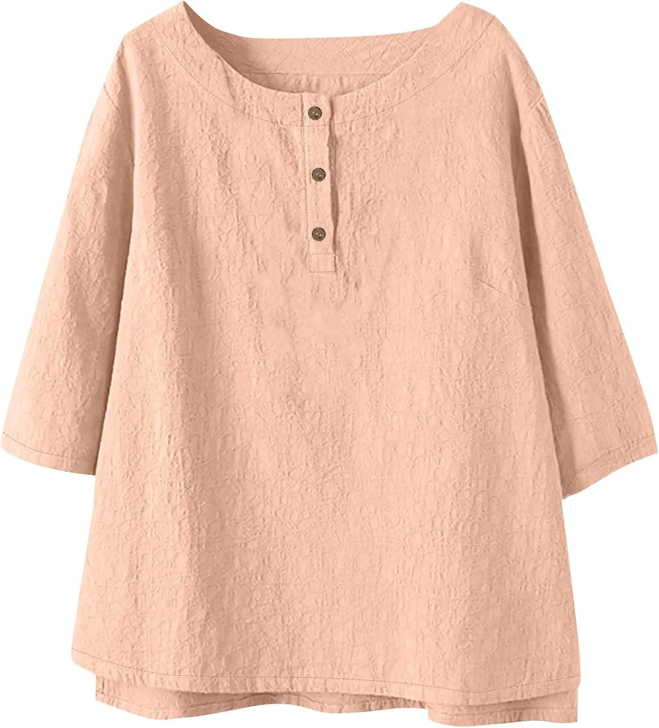 Women's Linen Shirts 3/4 Sleeve Crew Neck Cotton Tops Casual Jacquard Boho Blouses Summer Dressy Beach T-Shirts