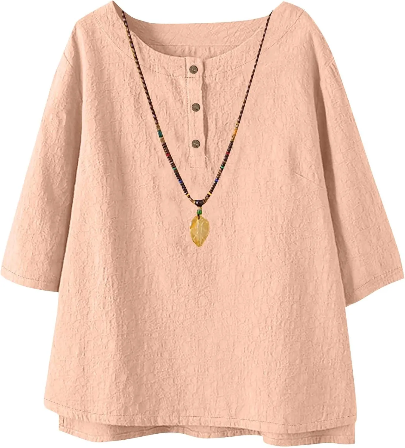 Women's Linen Shirts 3/4 Sleeve Crew Neck Cotton Tops Casual Jacquard Boho Blouses Summer Dressy Beach T-Shirts