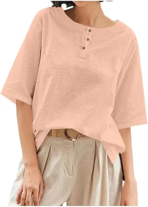 Women's Linen Shirts 3/4 Sleeve Crew Neck Cotton Tops Casual Jacquard Boho Blouses Summer Dressy Beach T-Shirts