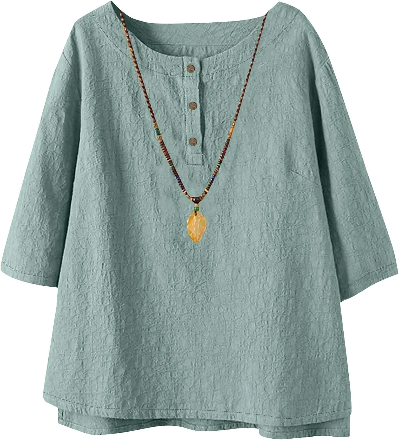 Women's Linen Shirts 3/4 Sleeve Crew Neck Cotton Tops Casual Jacquard Boho Blouses Summer Dressy Beach T-Shirts