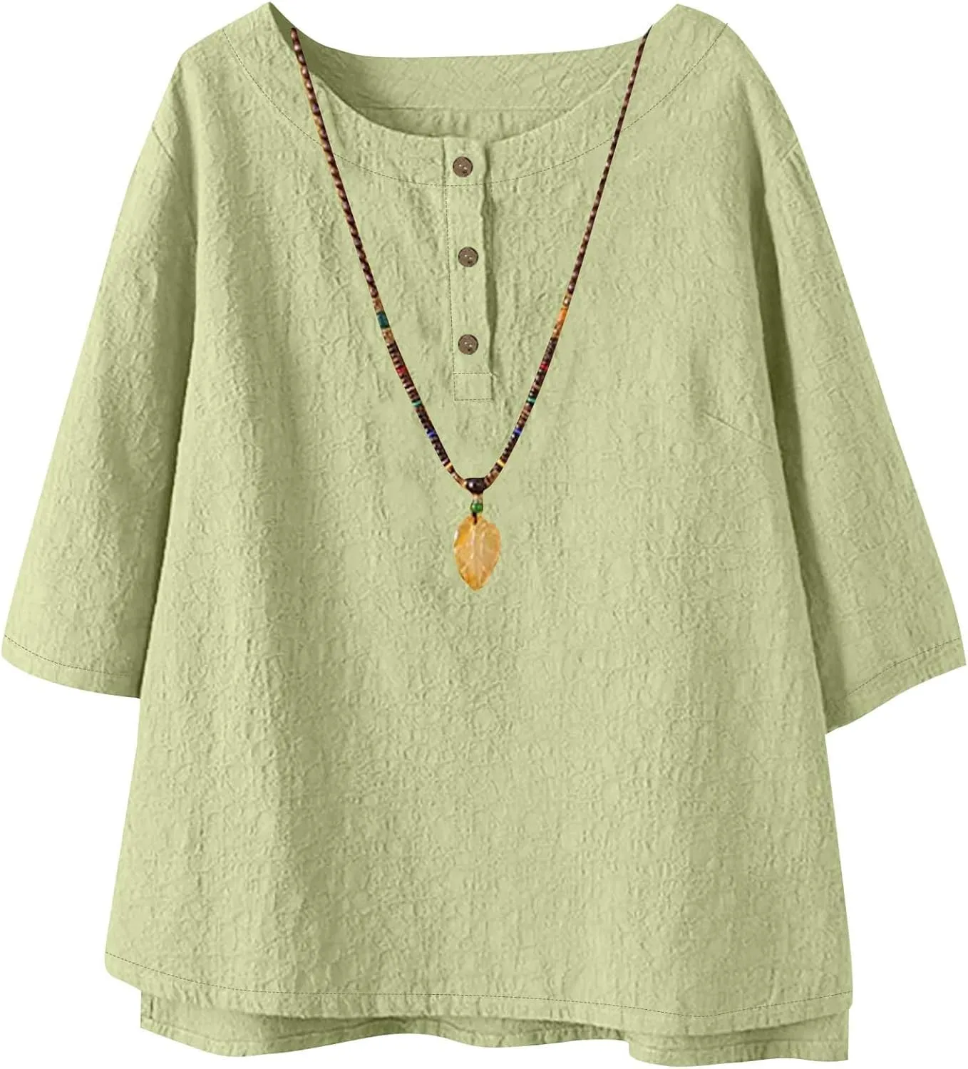Women's Linen Shirts 3/4 Sleeve Crew Neck Cotton Tops Casual Jacquard Boho Blouses Summer Dressy Beach T-Shirts