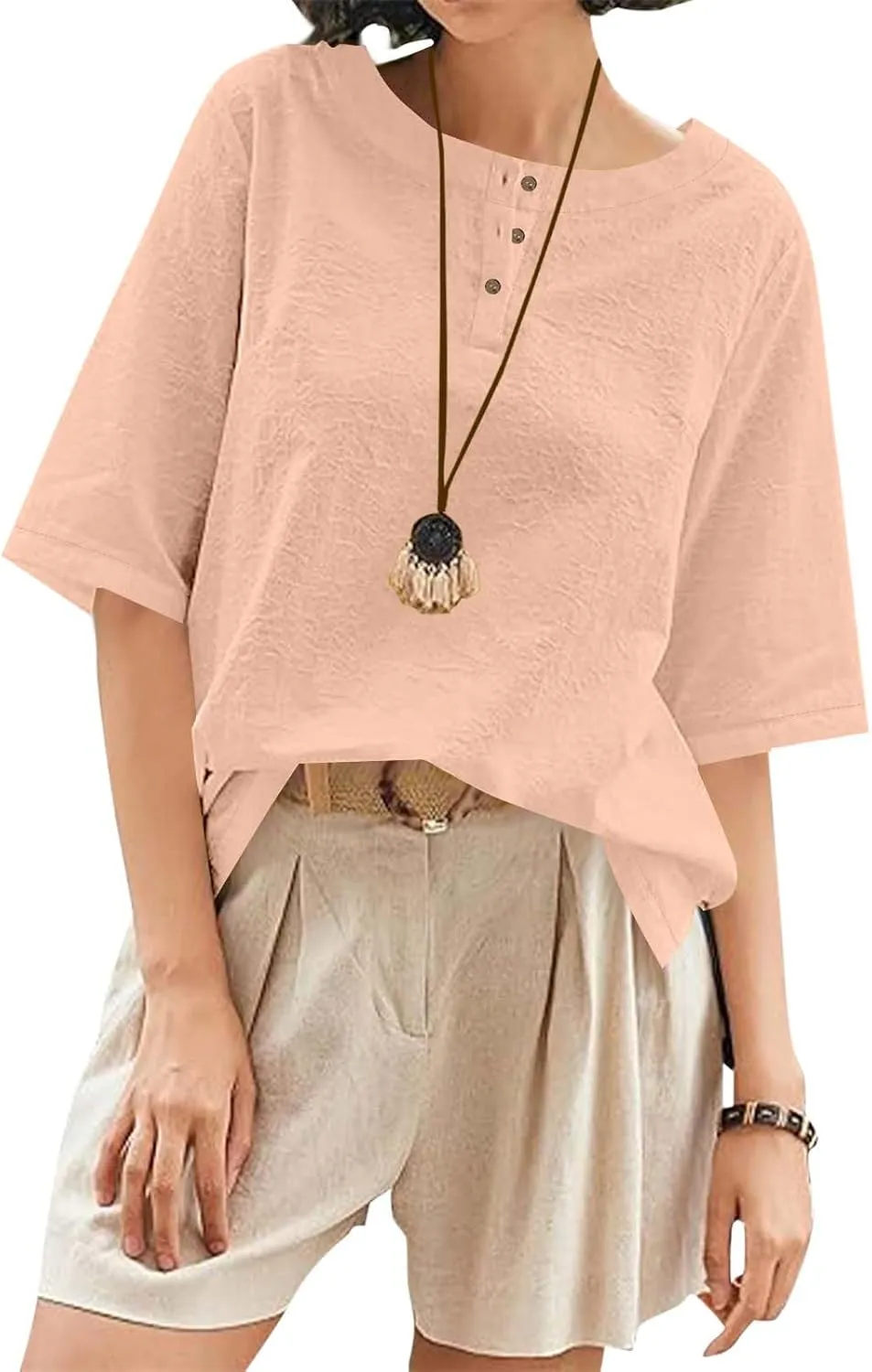 Women's Linen Shirts 3/4 Sleeve Crew Neck Cotton Tops Casual Jacquard Boho Blouses Summer Dressy Beach T-Shirts