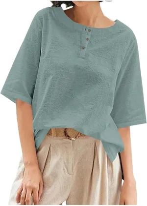 Women's Linen Shirts 3/4 Sleeve Crew Neck Cotton Tops Casual Jacquard Boho Blouses Summer Dressy Beach T-Shirts