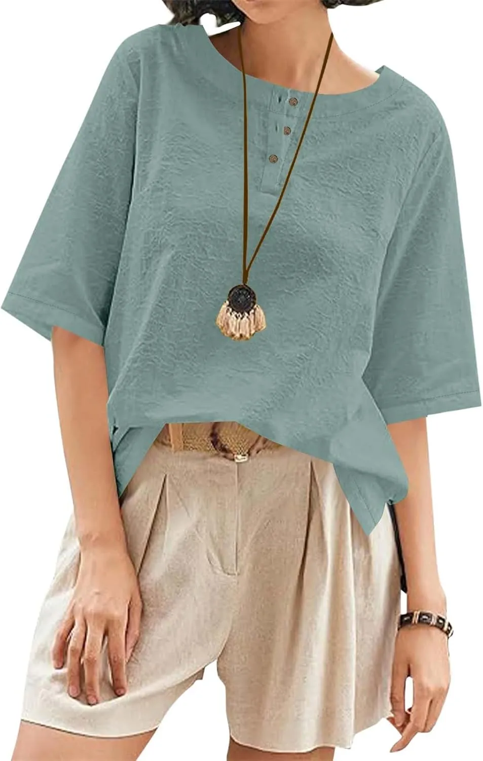 Women's Linen Shirts 3/4 Sleeve Crew Neck Cotton Tops Casual Jacquard Boho Blouses Summer Dressy Beach T-Shirts