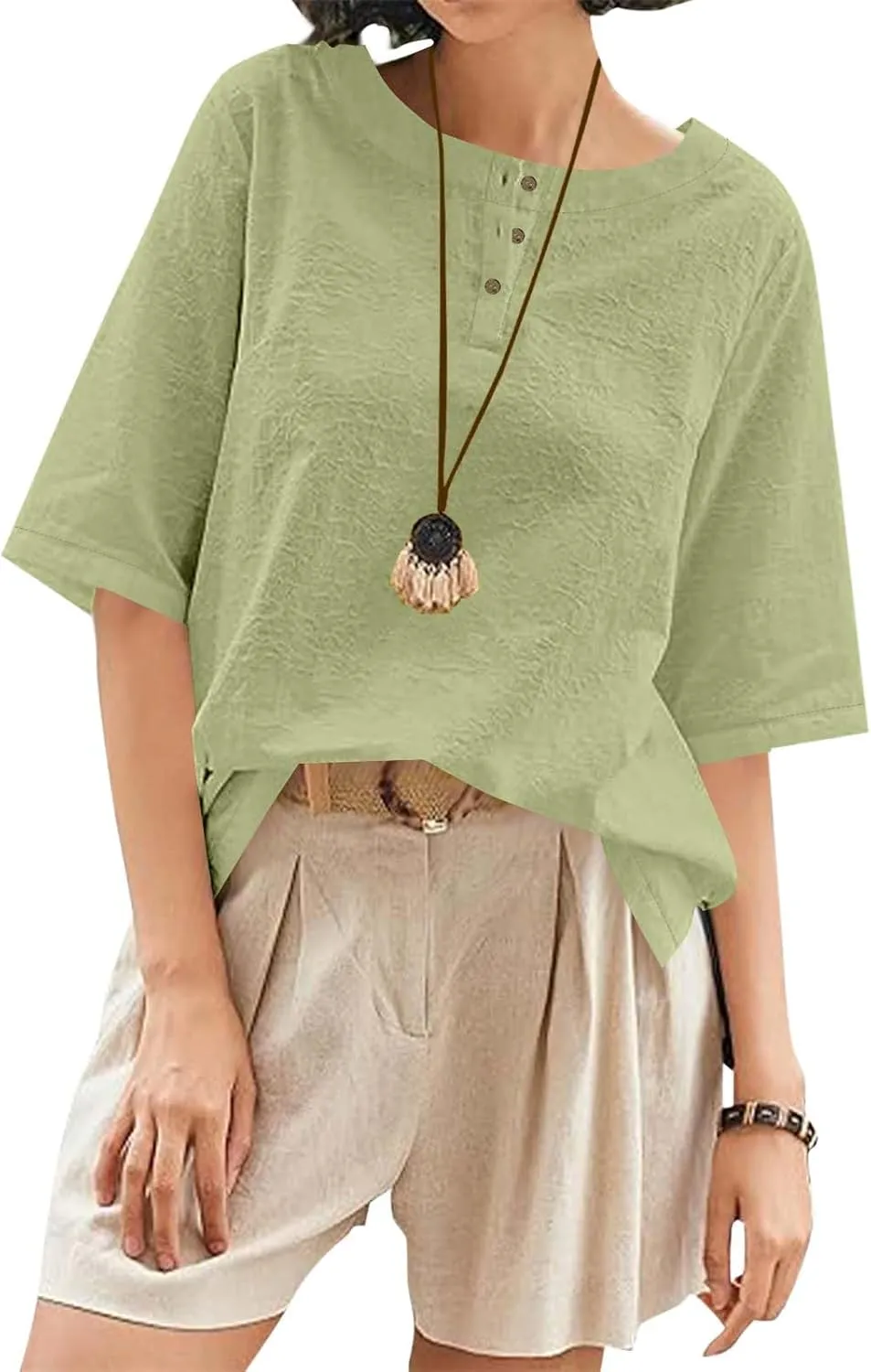 Women's Linen Shirts 3/4 Sleeve Crew Neck Cotton Tops Casual Jacquard Boho Blouses Summer Dressy Beach T-Shirts