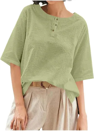 Women's Linen Shirts 3/4 Sleeve Crew Neck Cotton Tops Casual Jacquard Boho Blouses Summer Dressy Beach T-Shirts