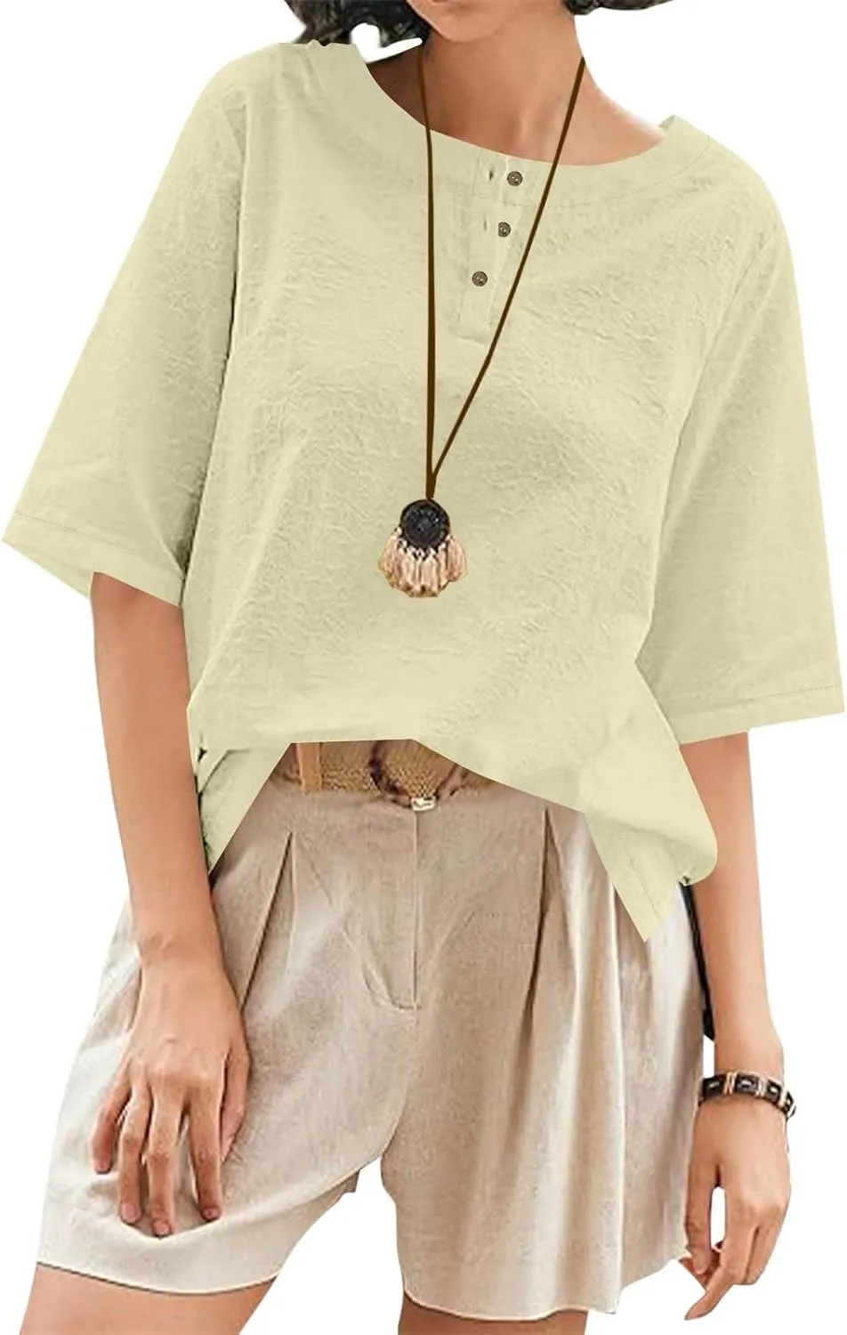 Women's Linen Shirts 3/4 Sleeve Crew Neck Cotton Tops Casual Jacquard Boho Blouses Summer Dressy Beach T-Shirts