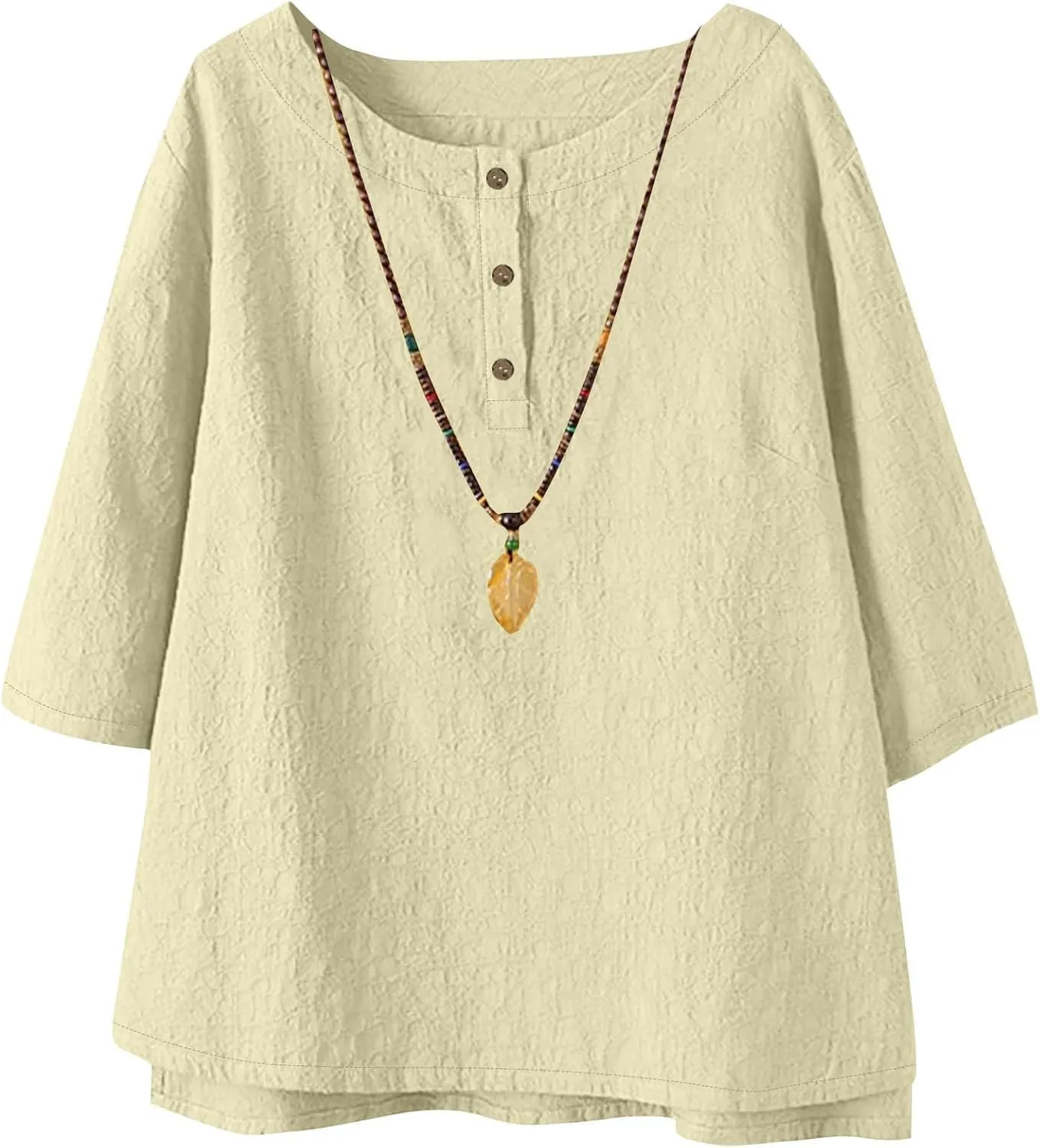 Women's Linen Shirts 3/4 Sleeve Crew Neck Cotton Tops Casual Jacquard Boho Blouses Summer Dressy Beach T-Shirts