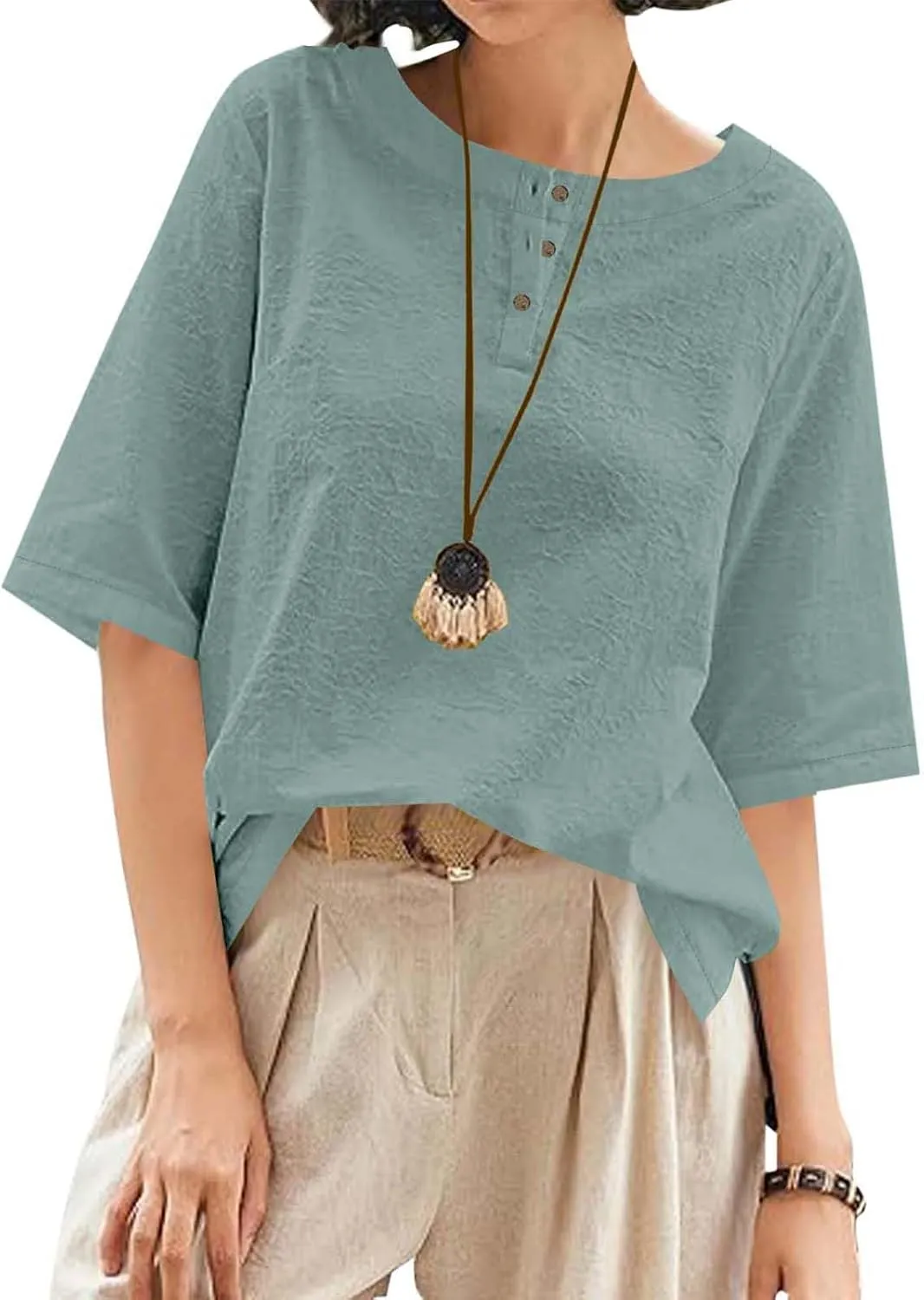Women's Linen Shirts 3/4 Sleeve Crew Neck Cotton Tops Casual Jacquard Boho Blouses Summer Dressy Beach T-Shirts