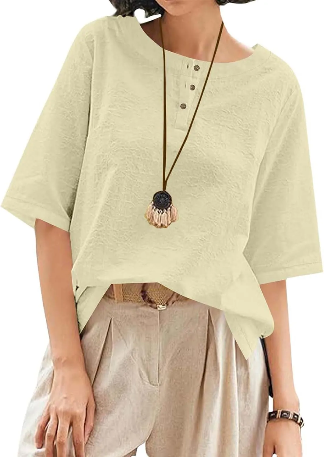 Women's Linen Shirts 3/4 Sleeve Crew Neck Cotton Tops Casual Jacquard Boho Blouses Summer Dressy Beach T-Shirts