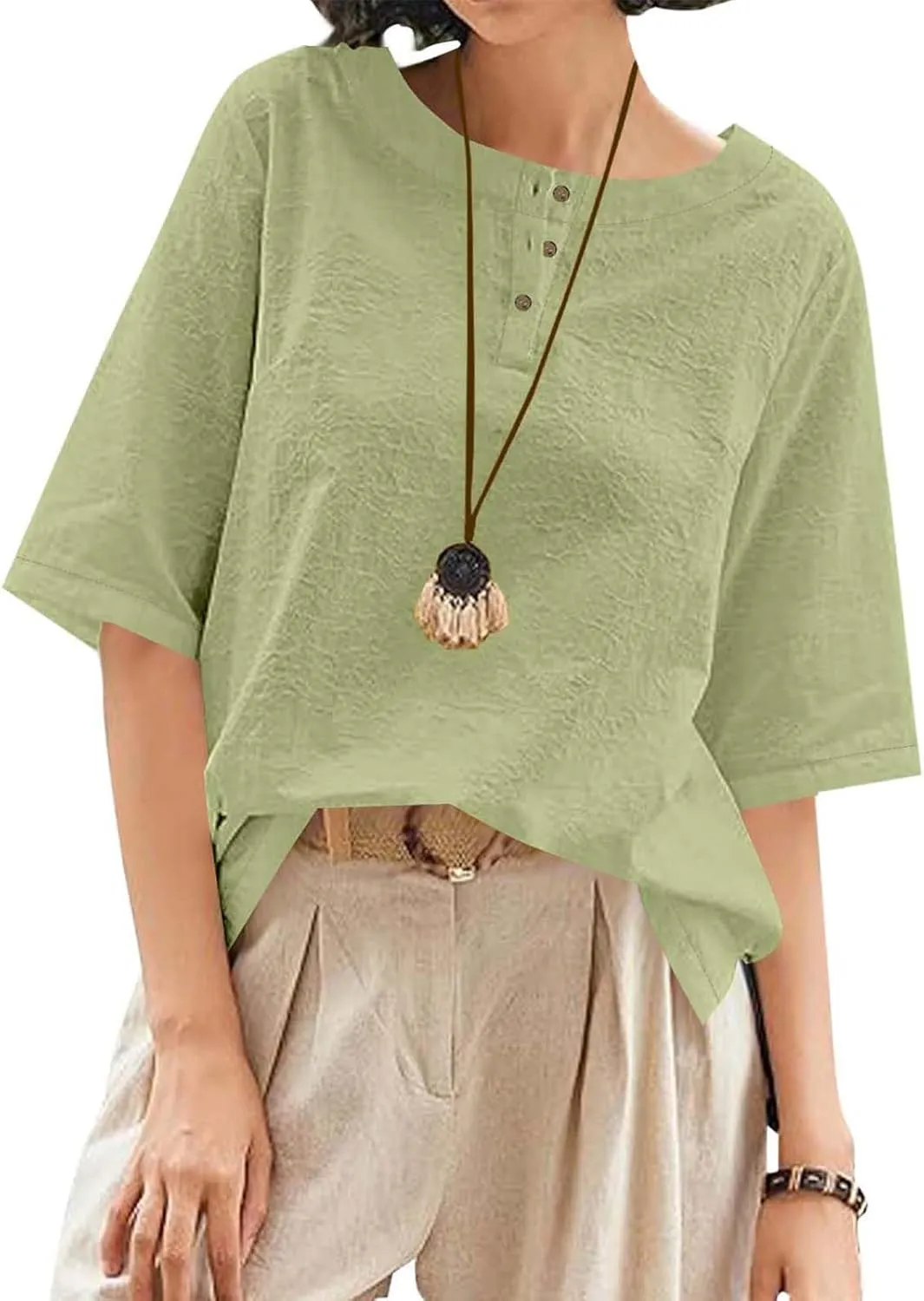 Women's Linen Shirts 3/4 Sleeve Crew Neck Cotton Tops Casual Jacquard Boho Blouses Summer Dressy Beach T-Shirts
