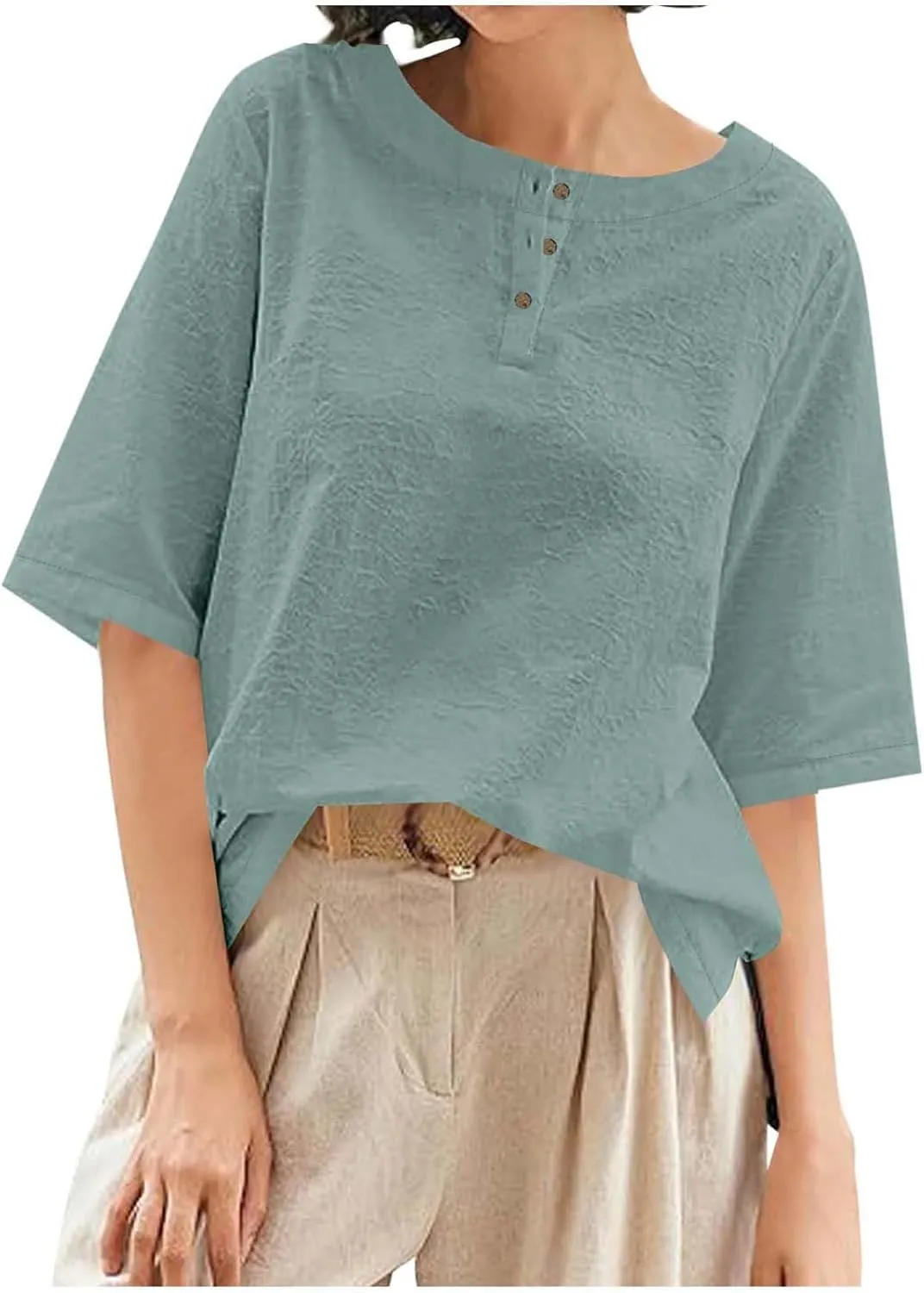 Women's Linen Shirts 3/4 Sleeve Crew Neck Cotton Tops Casual Jacquard Boho Blouses Summer Dressy Beach T-Shirts