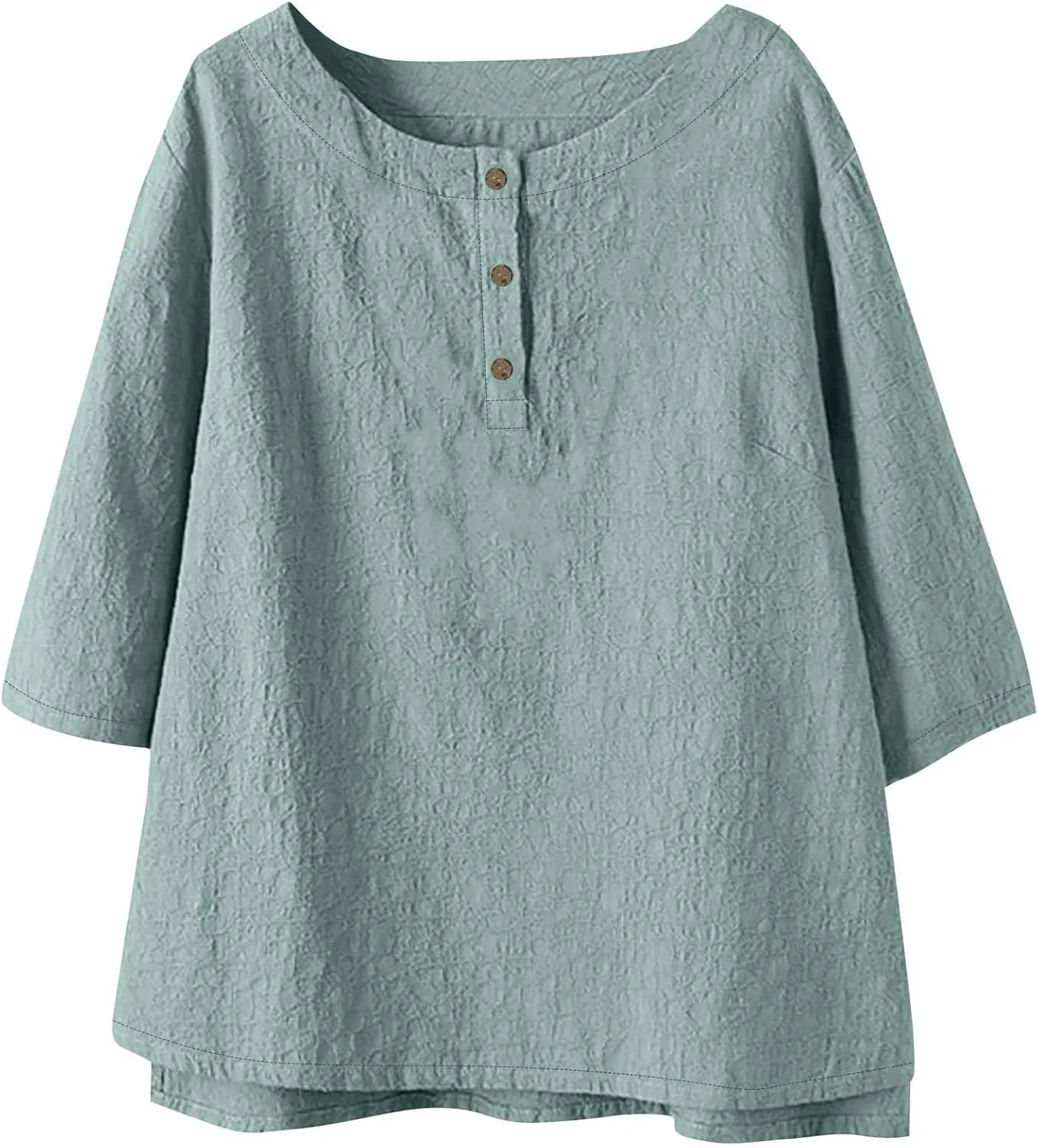 Women's Linen Shirts 3/4 Sleeve Crew Neck Cotton Tops Casual Jacquard Boho Blouses Summer Dressy Beach T-Shirts