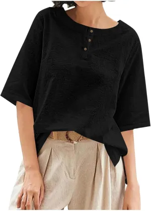 Women's Linen Shirts 3/4 Sleeve Crew Neck Cotton Tops Casual Jacquard Boho Blouses Summer Dressy Beach T-Shirts
