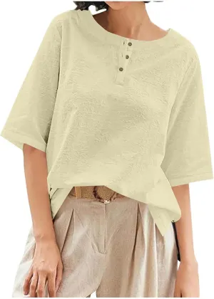 Women's Linen Shirts 3/4 Sleeve Crew Neck Cotton Tops Casual Jacquard Boho Blouses Summer Dressy Beach T-Shirts